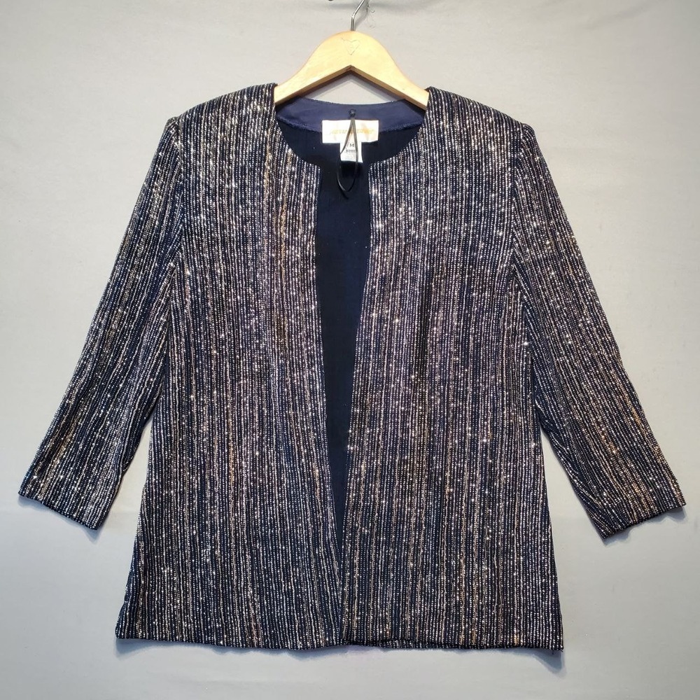 VTG 90s Jeanne Alexander Evening Jacket Women M Blue Gold Metallic Sparkle USA
